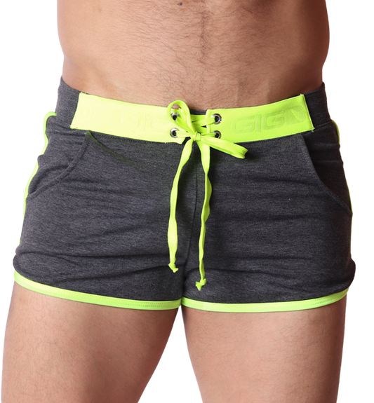 Front view of Gigo gray jersey fabric short with neon yellow trim, lace-up drawstring waist, and pockets.