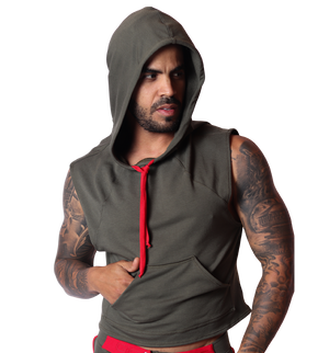 Front view of Gigo Nafts green cotton sleeveless hoody t-shirt with red drawstring and front kangaroo pocket.
