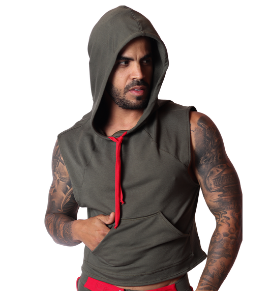 Front view of Gigo Nafts green cotton sleeveless hoody t-shirt with red drawstring and front kangaroo pocket.