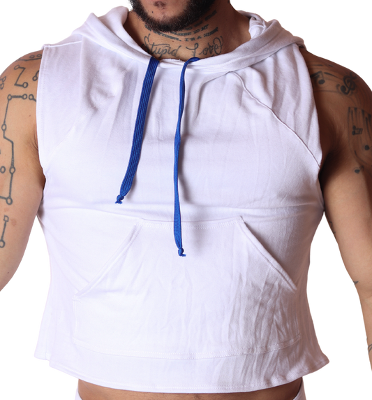 Front view: Gigo Nafts white sleeveless cotton hoody T-shirt with a kangaroo pocket and blue drawstring cords.