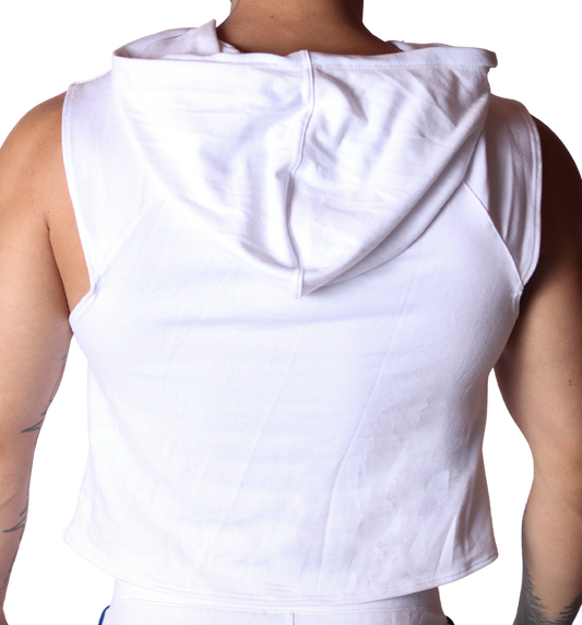 Back view of Gigo Nafts white sleeveless hooded cotton t-shirt on a model.