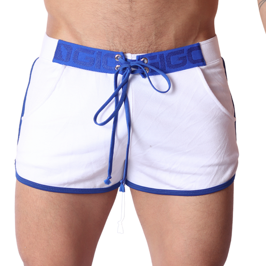 Front view of Gigo Nafts white jersey shorts with blue contrast trim, logo waistband, and lace-up drawstring closure.