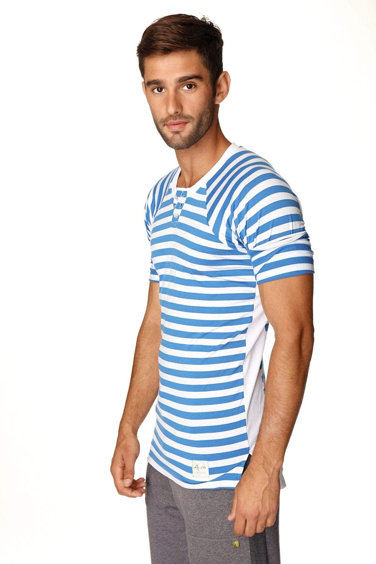 Blue and white striped short-sleeved henley shirt with buttoned placket nautical raglan resort tee