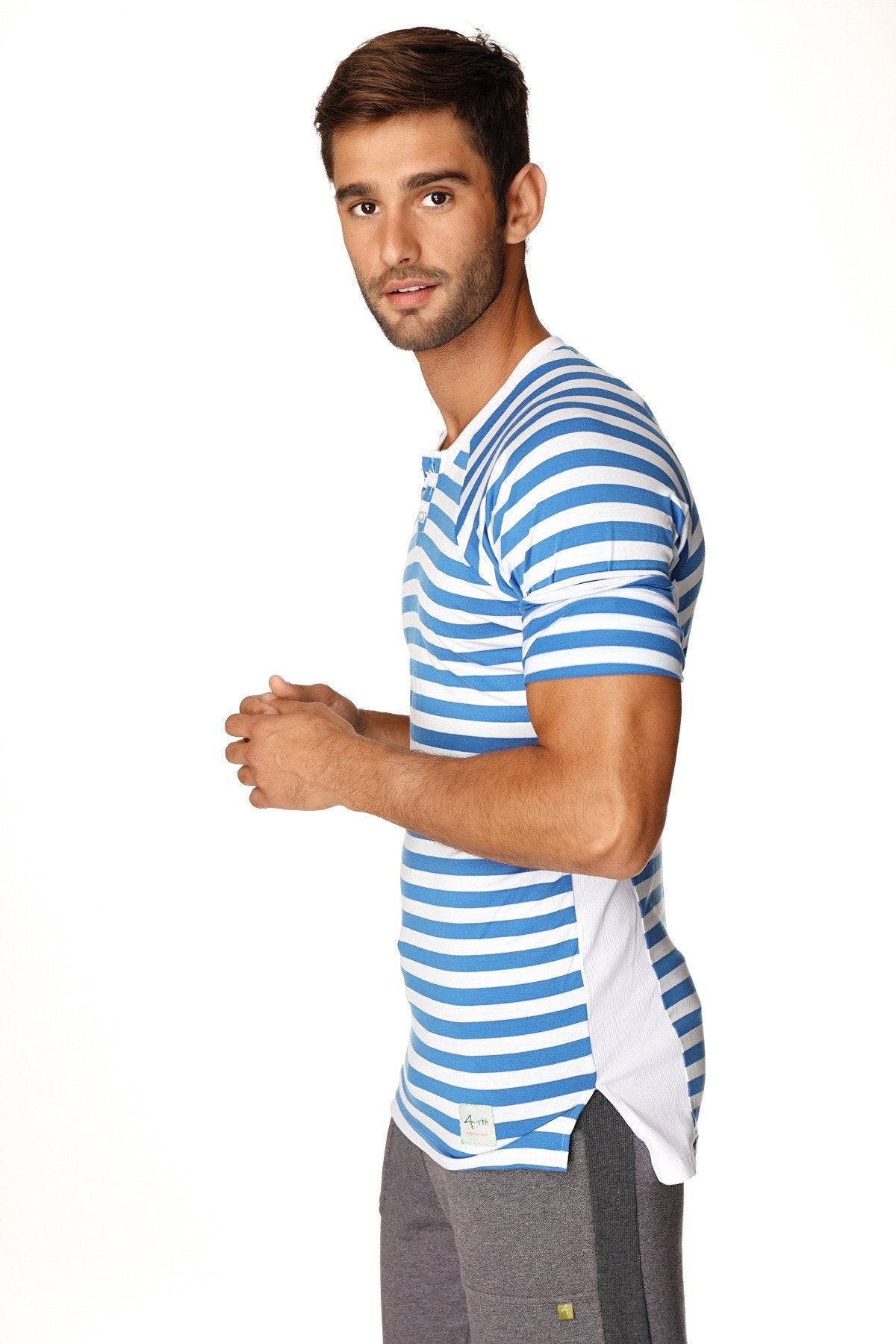 Nautical raglan resort henley tee blue and white stripe short-sleeved shirt with side slit detail