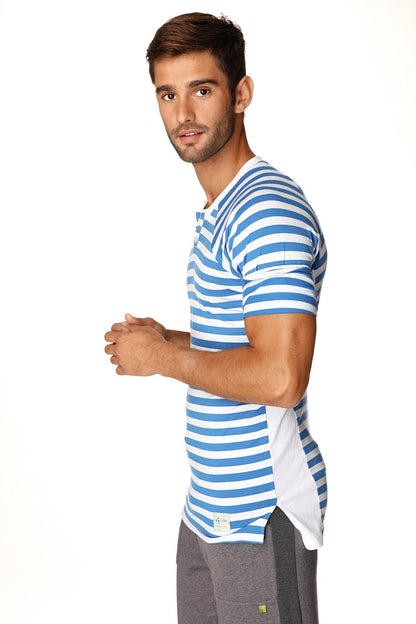 Nautical raglan resort henley tee blue and white stripe short-sleeved shirt with side slit detail