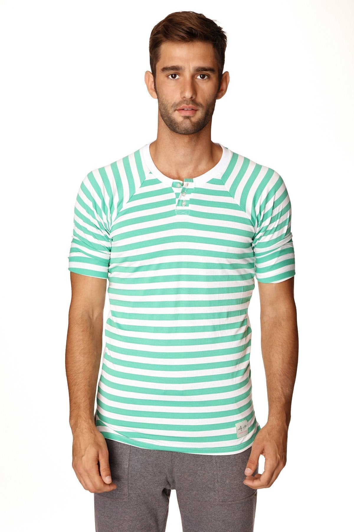 A men’s short-sleeved henley shirt with mint green and white stripes and a buttoned placket neckline