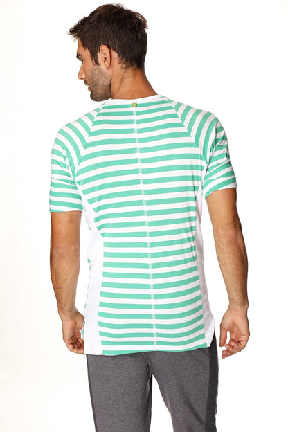 Men’s short-sleeved Nautical Raglan Resort Henley tee in green and white stripe with raglan sleeves ideal for casual wear