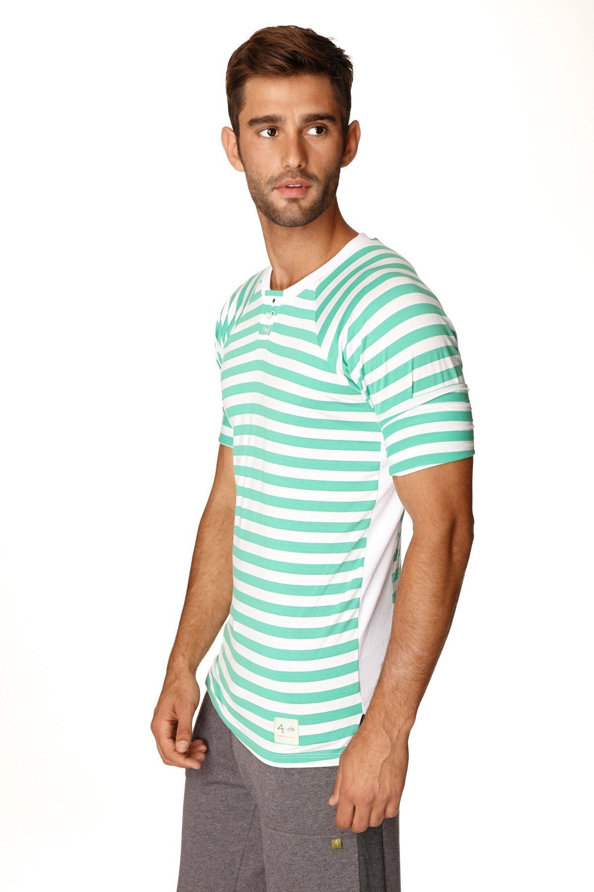 A men’s short-sleeved henley shirt with horizontal mint green and white stripes and a solid white side panel
