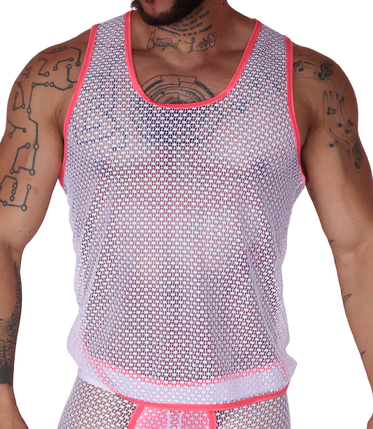 Front view of Gigo fuchsia net tank top in sheer white mesh fabric with vibrant pink trim on scoop neck and armholes.