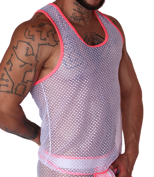 Gigo fuchsia net tank top, side view. White mesh fabric with bright fuchsia trim on a muscular model.