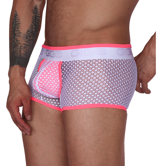 Side view of Gigo fuchsia net fabric trunk with white waistband and neon pink trim details.