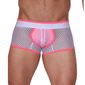 Front view of Gigo fuchsia and white mesh net trunk underwear with logo waistband and contrasting trim.
