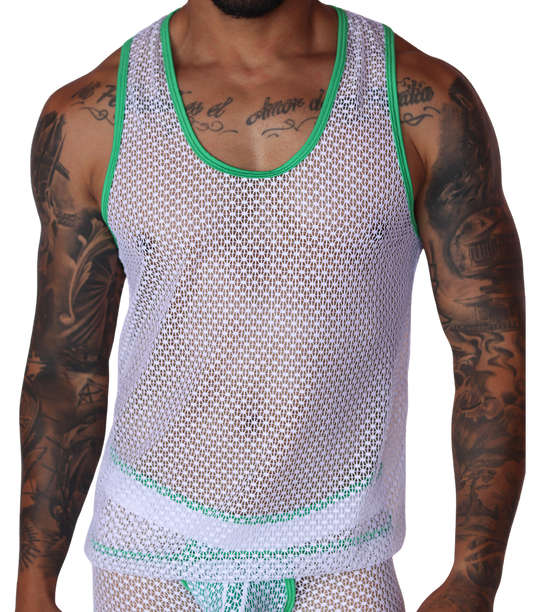 Front view of Gigo men’s white fishnet mesh tank top with green trim detailing.