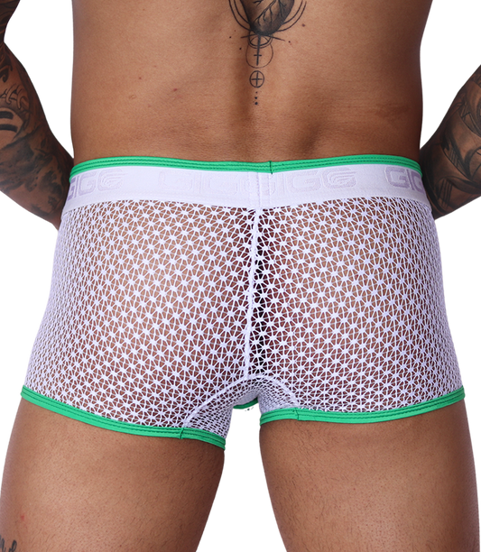 Back view of Gigo green and white net fabric trunk underwear with branded elastic waistband and green leg trim.
