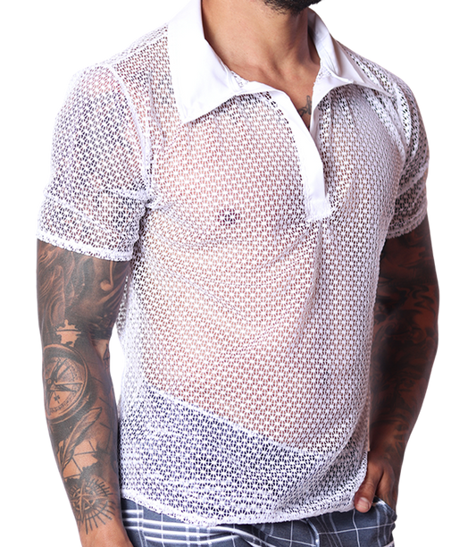 Front view of Gigo men’s white net mesh polo shirt with a solid collar, featuring a semi-sheer geometric pattern.
