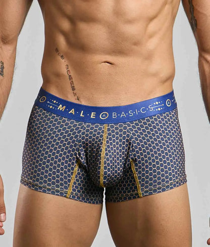 New malebasics trunk hipster men’s boxer briefs in blue and gray honeycomb pattern with bold blue waistband