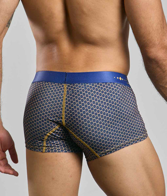New malebasics trunk hipster men’s boxer briefs in blue and gold honeycomb pattern with solid blue waistband