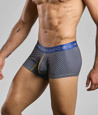 New malebasics trunk hipster men’s boxer briefs in blue and gray hexagonal pattern with gold trim on leg openings