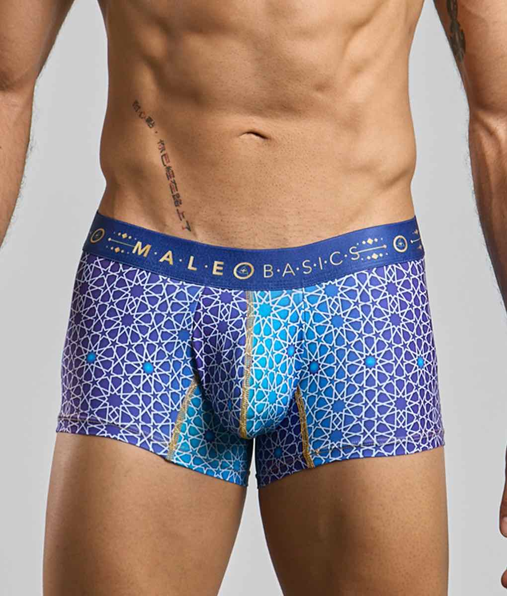 Blue and purple patterned men’s boxer briefs with geometric design and male basic waistband from new malebasics trunk hipster