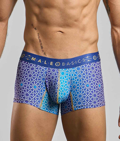 Blue and purple patterned men’s boxer briefs with geometric design and male basic waistband from new malebasics trunk hipster