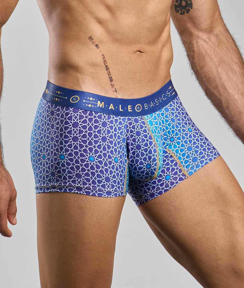 New malebasics trunk hipster blue patterned men’s boxer briefs with geometric design and gold accents on waistband