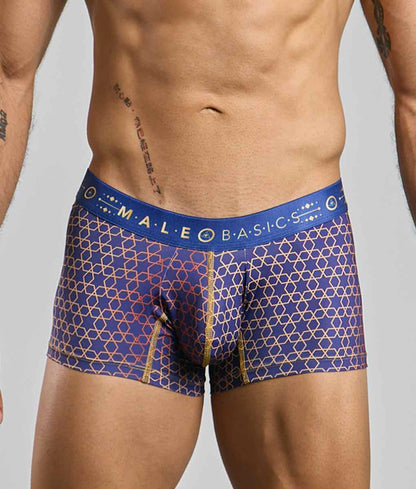New malebasics trunk hipster blue and gold patterned men’s boxer briefs with branded elastic waistband