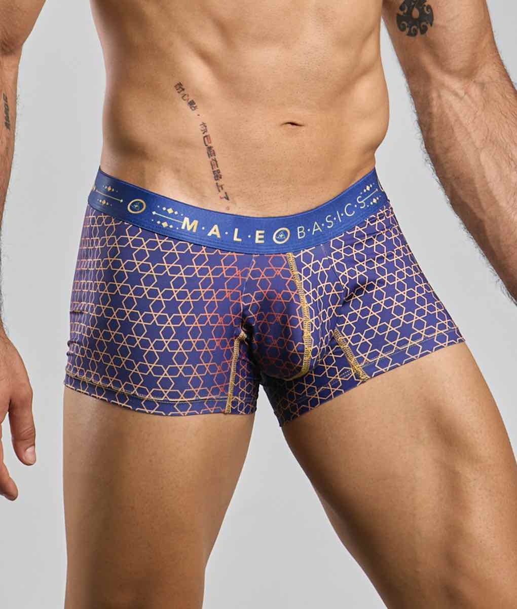 New Malebasics trunk hipster mens boxer briefs with blue and gold geometric pattern and branded waistband