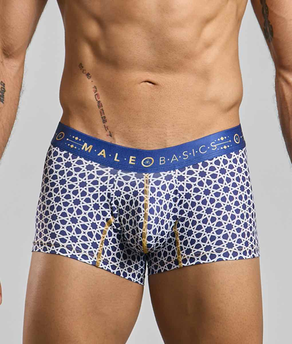 New malebasics trunk hipster blue and white patterned men’s boxer briefs with gold trim and branded waistband