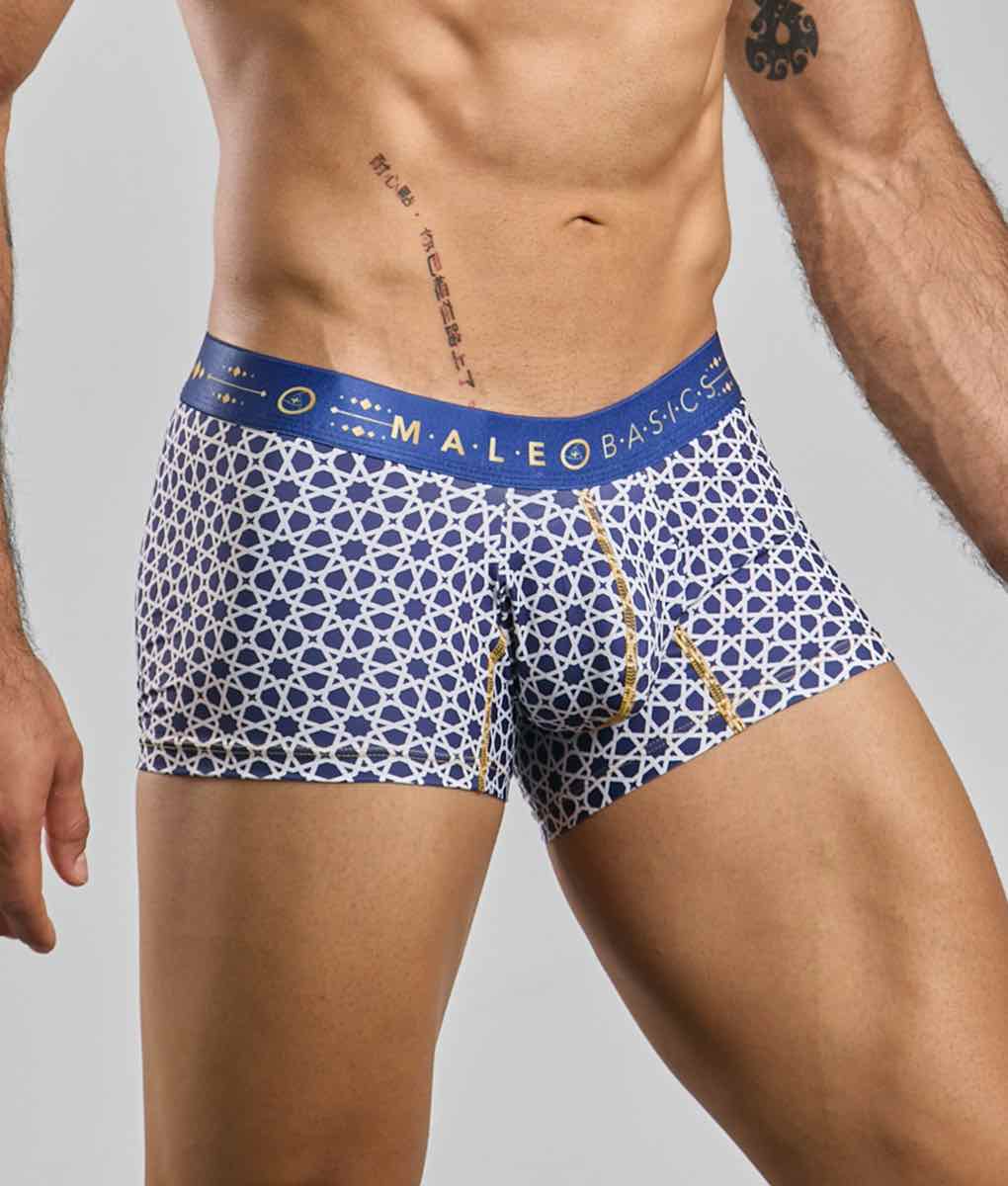 New malebasics trunk hipster boxer briefs in blue and white geometric pattern with gold trim and male basics waistband