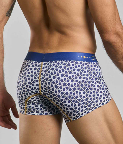 New Malebasics trunk hipster boxer briefs in blue and white pattern with gold stitching along the seams