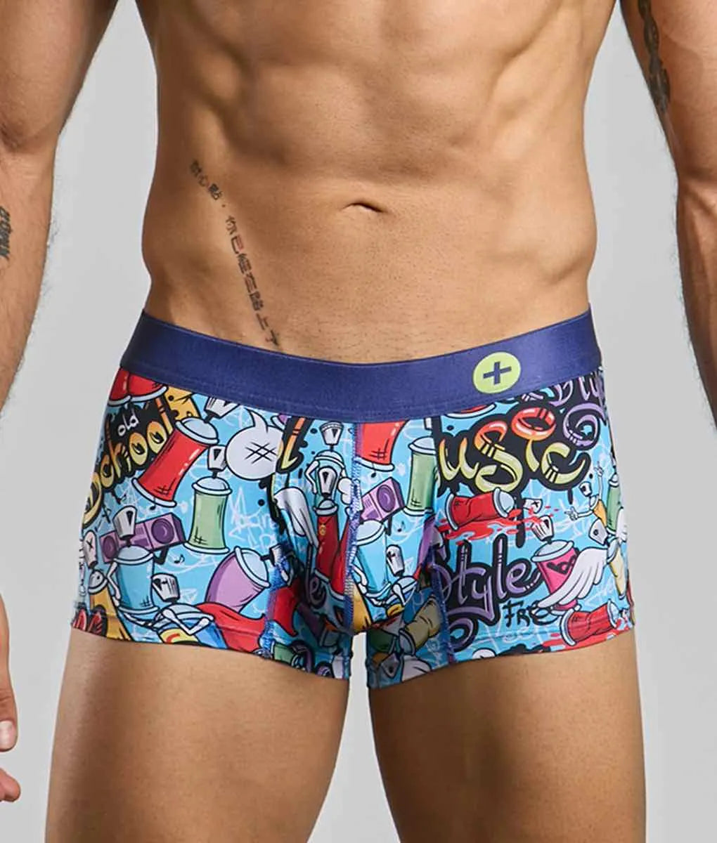 New malebasics trunk hipster vibrant graffiti print men’s boxer briefs with blue waistband on light blue fabric