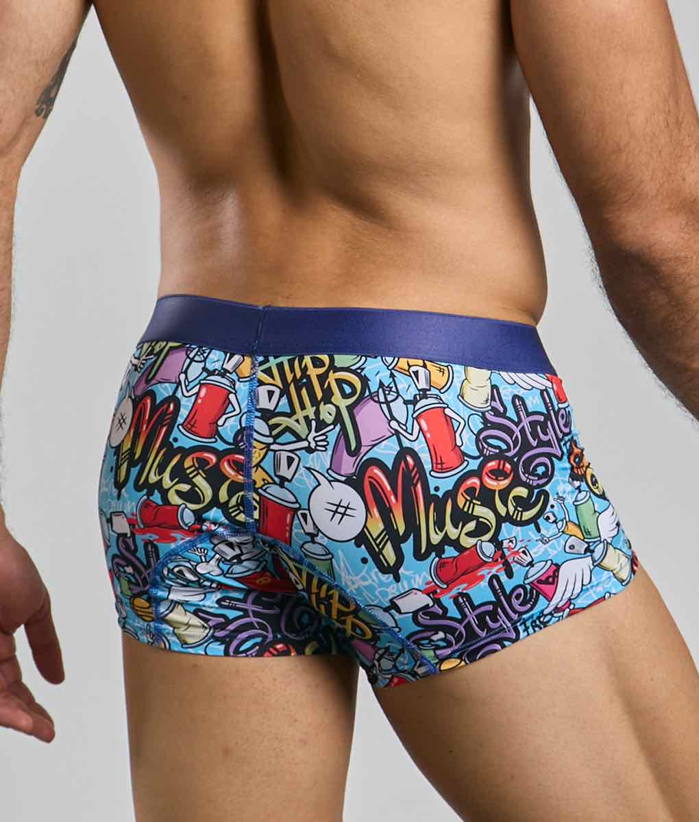 Blue boxer briefs new malebasics trunk hipster with vibrant graffiti print of spray cans drums and music lettering