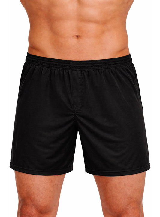 Black nylon active boxer shorts with stretchy elastic waistband and smooth lightweight fabric for athletic wear