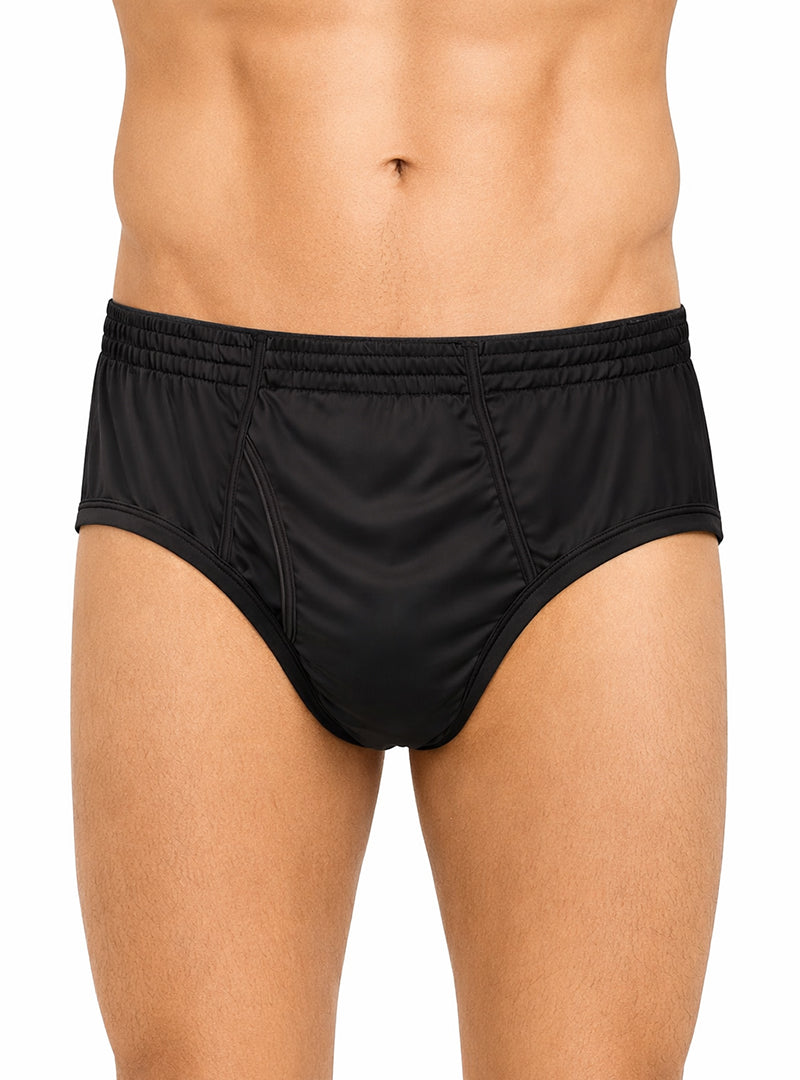 Black nylon active athletic briefs with smooth stretchy fabric and elastic waistband for comfortable support