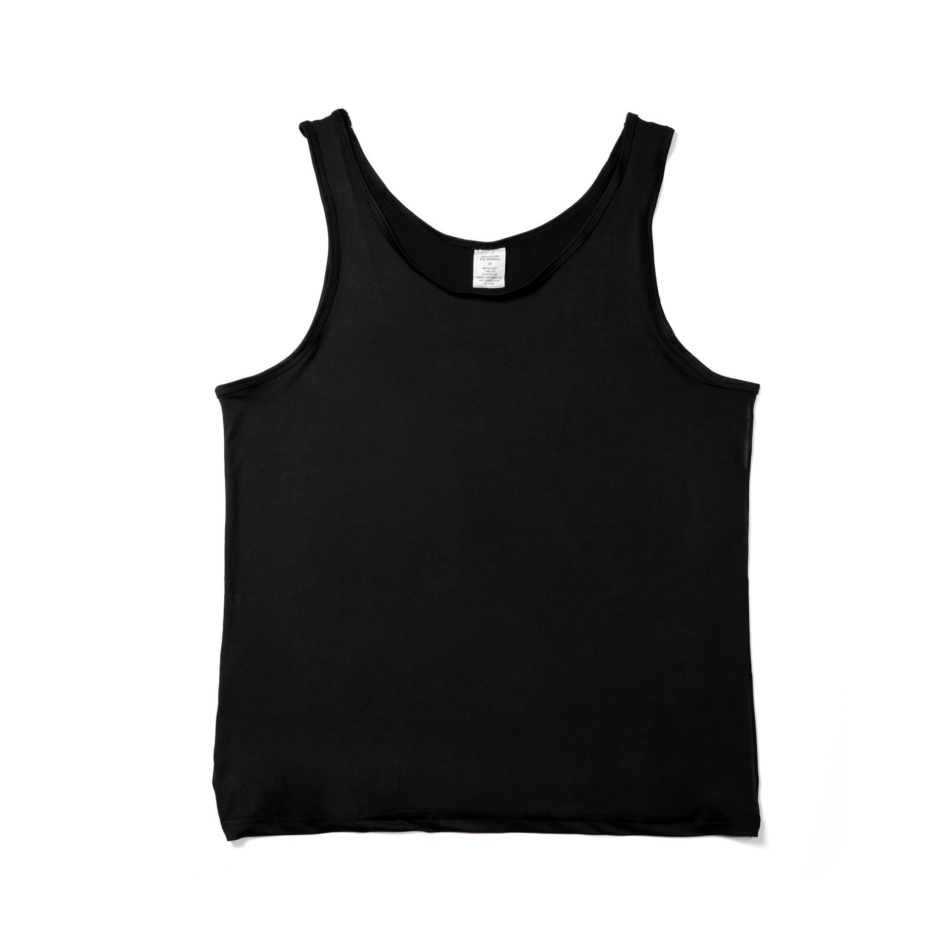 Black nylon sleeveless tank top with minimalist design for active underwear use
