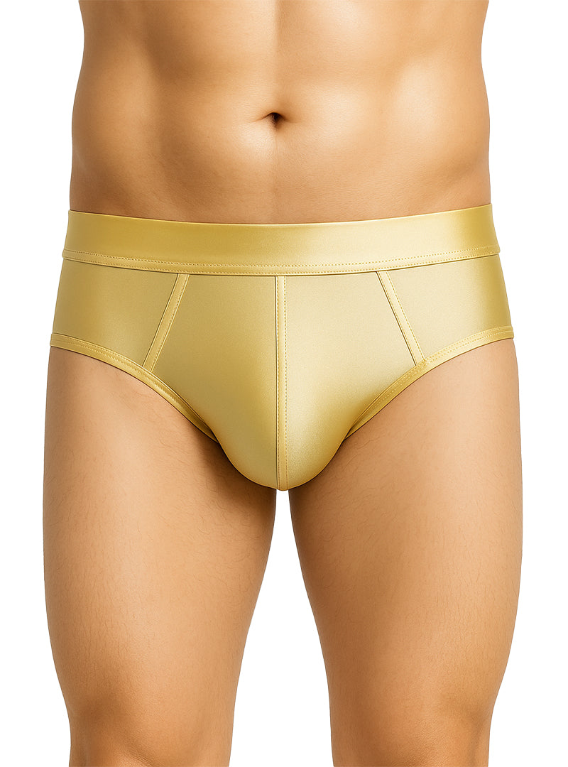 Gold satin nylon luxury briefs with smooth shiny finish and tailored fit