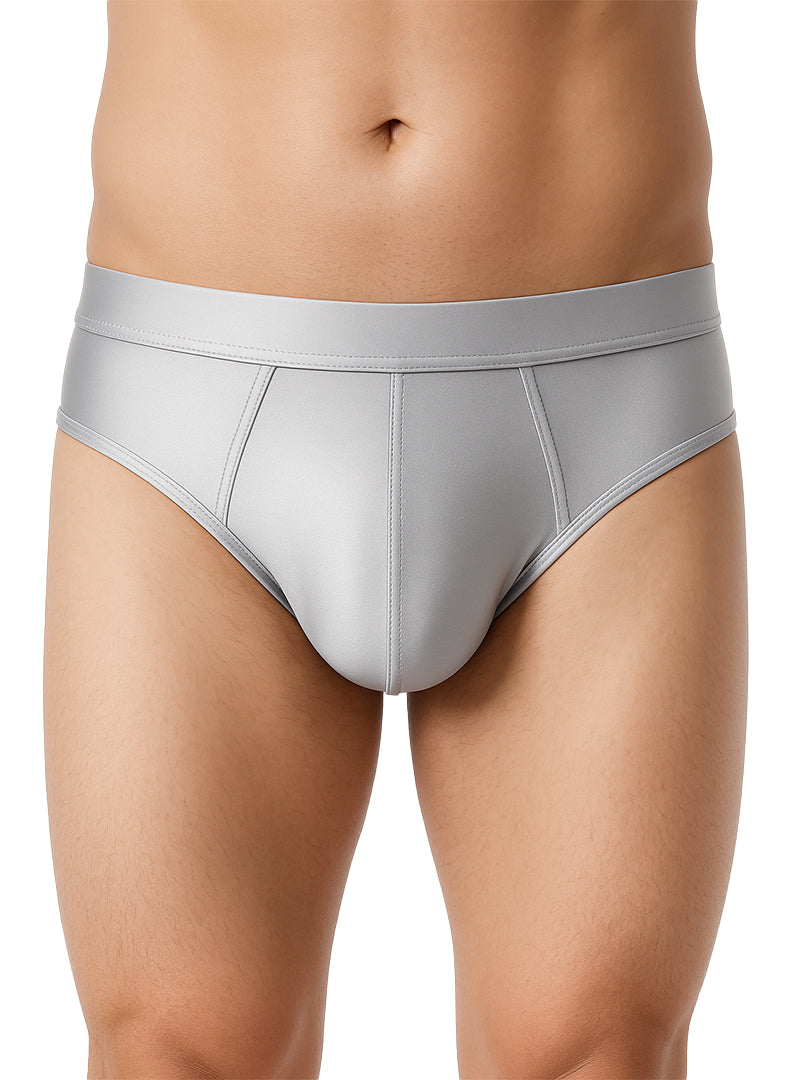 Gray nylon luxury briefs with a smooth form fitting design and subtle stitching details
