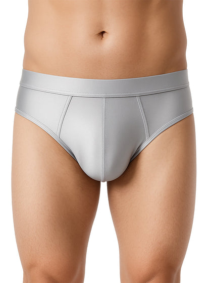 Gray nylon luxury briefs with a smooth form fitting design and subtle stitching details
