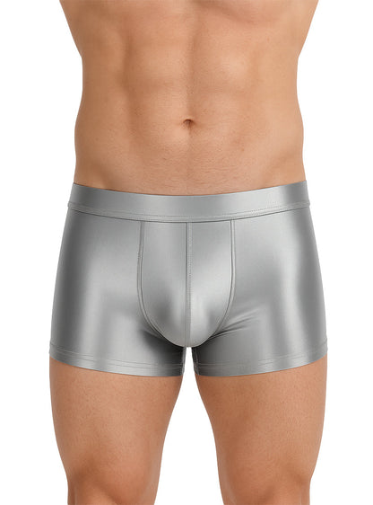 Shiny silver nylon luxury trunk briefs with sleek metallic finish and snug fit for comfortable wear