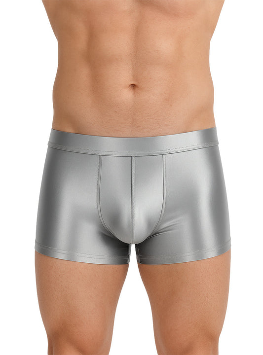 Shiny silver nylon luxury trunk briefs with sleek metallic finish and snug fit for comfortable wear