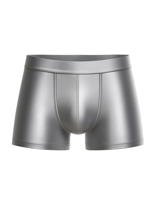 Shiny metallic silver nylon luxury trunk briefs with sleek form-fitting design and subtle stitching details