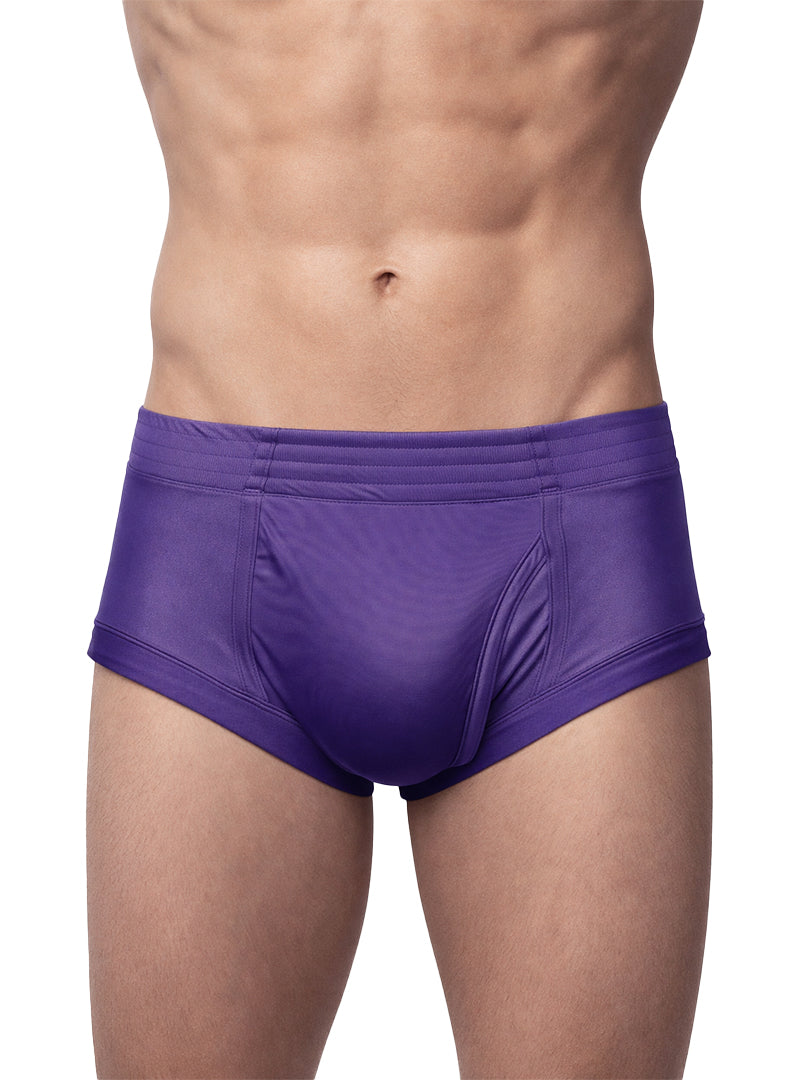 Purple nylon tricot brief with left side fly smooth satin finish and subtle seam detailing