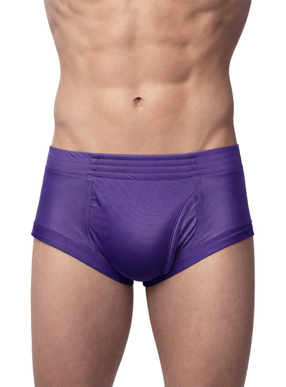 Purple nylon tricot brief with left side fly smooth satin finish and subtle seam detailing