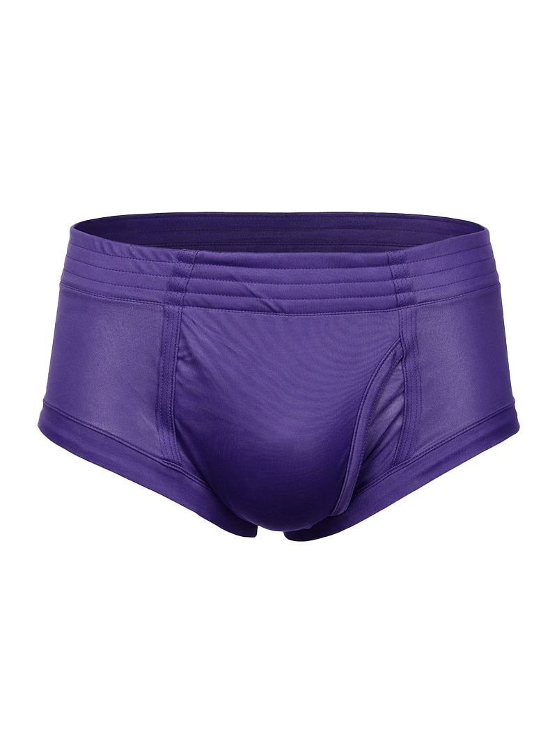 Purple nylon tricot brief swim trunks with smooth shiny fabric and elastic waistband featuring left side fly