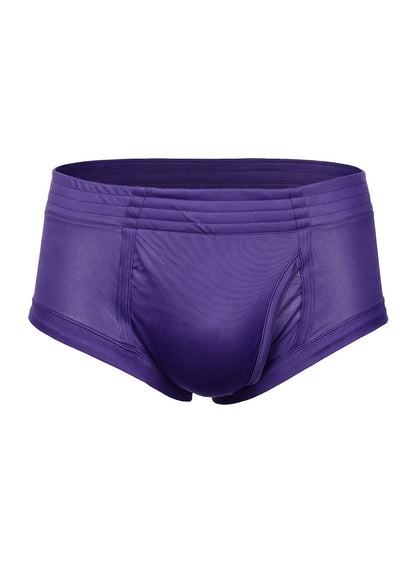 Purple nylon tricot brief swim trunks with smooth shiny fabric and elastic waistband featuring left side fly