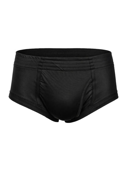 Black mens nylon tricot briefs with a smooth satin finish and elastic waistband featuring left side fly