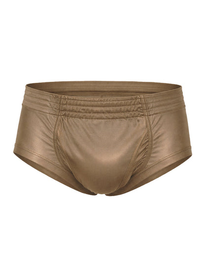Tan metallic nylon tricot briefs with sleek shiny finish elastic waistband and left side fly visible from front