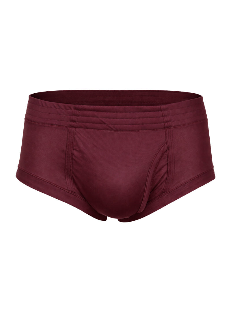 Maroon nylon tricot men’s briefs with smooth stretchy fabric and elastic waistband featuring left side fly