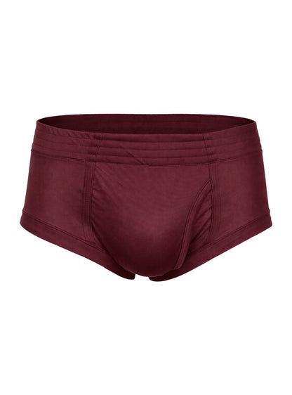 Maroon nylon tricot men’s briefs with smooth stretchy fabric and elastic waistband featuring left side fly