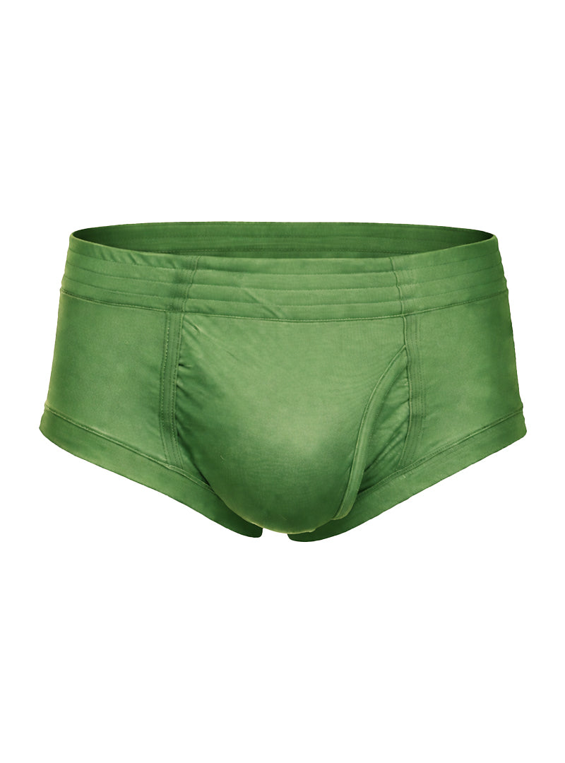 Solid olive green nylon tricot briefs with a left side fly smooth stretchy fabric and subtle seam detailing